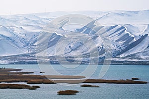 Beautiful mountain and lake scene in the West Tianshan Mountains in winter