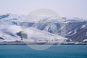 Beautiful mountain and lake scene in the West Tianshan Mountains in winter