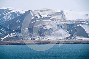 Beautiful mountain and lake scene in the West Tianshan Mountains in winter