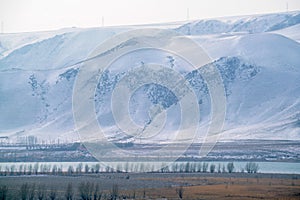 Beautiful mountain and lake scene in the West Tianshan Mountains in winter