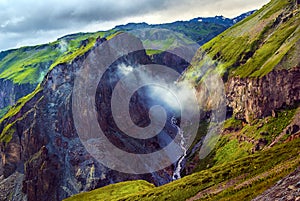 Beautiful mountain landscape of Caucasus. View of glacier named Seven. Landscape with snow peaks,