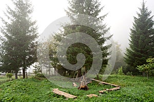 Beautiful mountain landscape in the fog of the Carpathians. Ecotourism photo