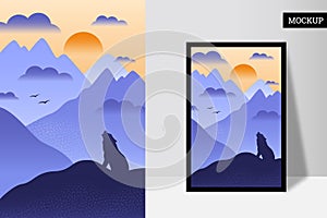 Beautiful mountain landscape in the fog with sunset. Vector illustration with mountains  clouds and wolf.