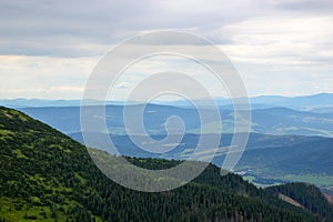 Beautiful mountain landscape with forest on background of blue sky