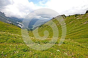 Beautiful mountain landscape in French Alps. Hike on passes Annes and Oulettaz