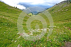 Beautiful mountain landscape in French Alps. Hike on passes Annes and Oulettaz