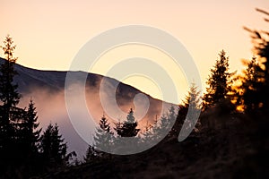 Beautiful mountain landscape with hazy peaks and foggy wooded valley at sunset