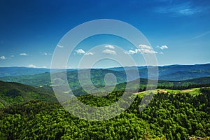 Beautiful mountain landscape, with mountain peaks covered with forest and a cloudy sky. Bulgarian mountain, Europe