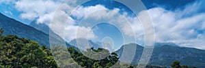 Beautiful mountain landscape, pine forest on hills with blue sky and clouds, panorama banner format