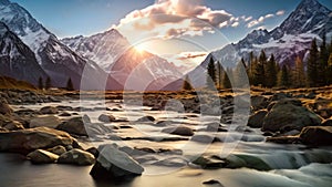 Beautiful mountain landscape with a river in the foreground and mountains in the background, Clear river with rocks leading