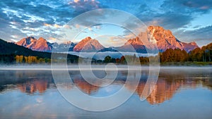 A beautiful mountain landscape scene in Grand Teton National Park in Wyoming.