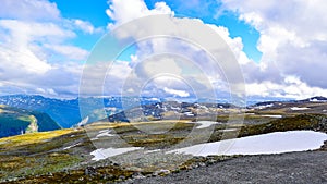 The beautiful mountain landscape. Snow road Aurlandsvegen. Norway