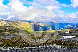 The beautiful mountain landscape. Snow road Aurlandsvegen. Norway