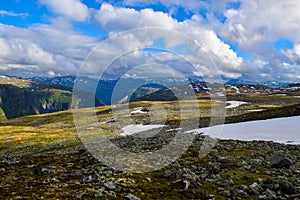 The beautiful mountain landscape. Snow road Aurlandsvegen. Norway