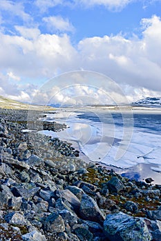 The beautiful mountain landscape. Snow road Aurlandsvegen. Norway