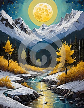 A beautiful mountain landscape in a starry night, with yellow moon, melted snow behind a river, trees, wildplants, painting art photo