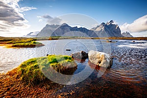 Beautiful mountain landscape on sunny day. Location Stokksnes cape, Vestrahorn, Iceland, Europe