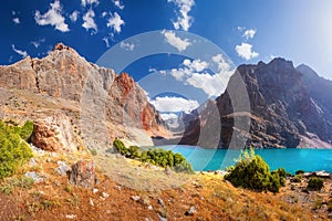 Beautiful mountain landscape in Tajikistan. Fan mountains. Greater Allo lake in Fann mountains. Scenic view on amazing mountain