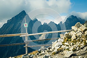 A beautiful mountain landscape in Tatry with a sign