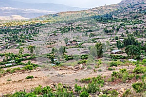 Beautiful mountain landscape with traditional Ethiopian houses, Amhara Region Ethiopia, Africa. photo