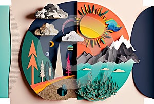 Beautiful mountain landscape trendy art paper collage design. Generative ai