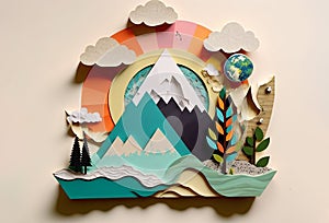 Beautiful mountain landscape trendy art paper collage design. Generative ai