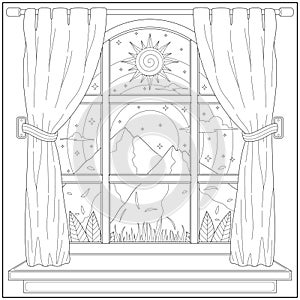 Beautiful mountain landscape view from house curtain. Learning and education coloring page