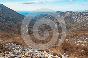 Beautiful mountain landscape. View of mountain range and valley of Dinaric Alps. Bosnia and Herzegovina