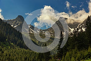 Beautiful mountain landscape with white clouds on a blue sky