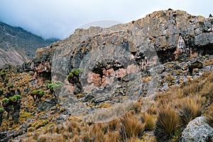 Beautiful mountain landscapes in the volcanic rock formations at Mount Kenya