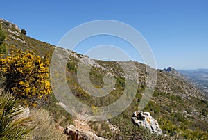 Beautiful mountain lnadcsape looking to the Mediterranean coast, near Benimaurell, Vall de Laguar, Alicate Province, Spain