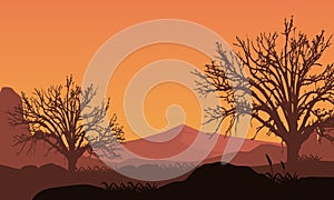 Beautiful mountain panorama with dry tree silhouettes from the edge of the city