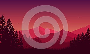 Beautiful mountain panorama at dusk with the silhouette of pine trees around it. Vector illustration