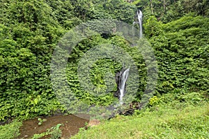 Beautiful mountain rainforest waterfall with fast flowing water