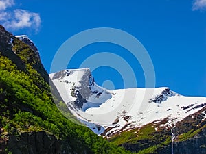 Beautiful mountain range around Briksdal Glacier, Norway.
