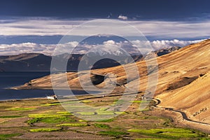 Beautiful mountain range and blue sky at Karzok village and Tso moriri lake in Ladakh