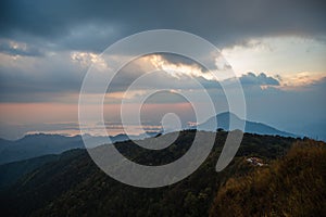 Beautiful mountain range and sunset on khao san nok wua kanchanaburi.