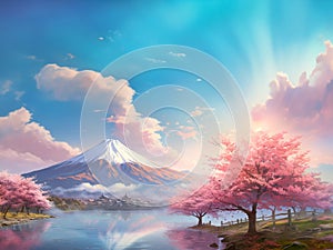 beautiful mountain with reflection on lake and pink sakura and blue sky. with copy space for text