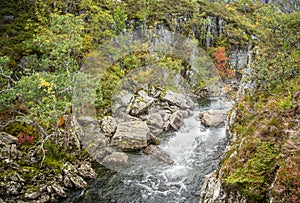 A beautiful mountain river rapids in mountains of Folgefonna National park in Norway.