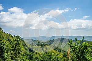 Beautiful mountain scenic in the view of valley with the green forest