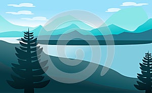 Beautiful Mountain Sea Sky And Pine Tree Vector Background Modern and Stylish Wallpaper Design