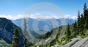 Beautiful mountain summer landscape. Valley surrounded by mountains with coniferous forest.  Garibaldi provincial park near