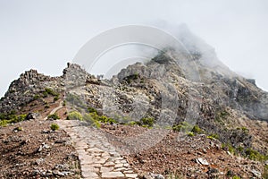 Beautiful mountain trail path near Pico do Arieiro on Madeira island, Portugal
