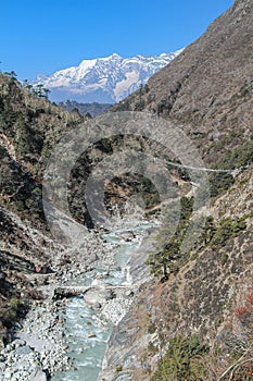 Beautiful mountain valley with flowing river in Himalayas