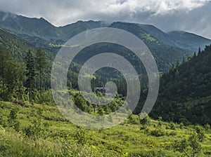 Beautiful mountain valley with mountain hut Ziarska Chata, wooden cottage, spruce trees, dwarf scrub pine and bald