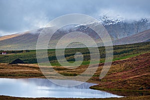 Beautiful mountain view during auto trip in Iceland. Spectacular Icelandic landscape with  scenic nature: mountains, fields,