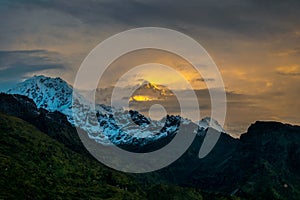 A beautiful mountain view with fog and clouds