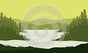 Beautiful Mountain View from the river bank with the silhouette of pine trees around it. Vector illustration