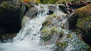 Beautiful mountain water stream at autumn in forest. Flowing river on rocks