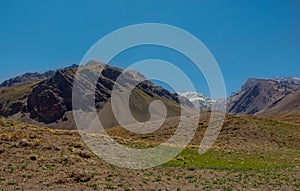 Beautiful mountainous and arid landscape with copy space . This picture was taken in Aconcagua National Park, from Mendoza,